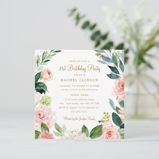 Aquarelle Blush Gold Floral 21e Invitation d'anniv (Debout devant)
