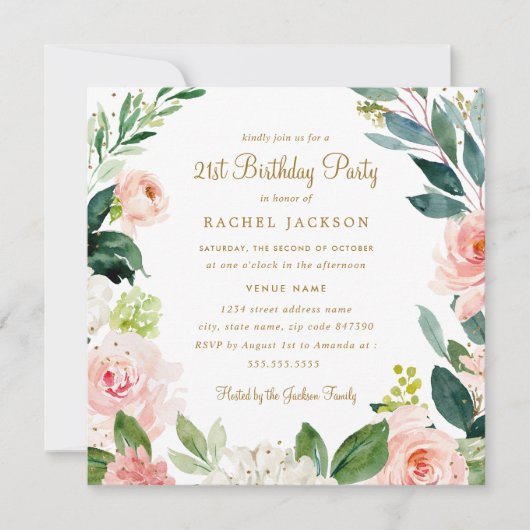 Aquarelle Blush Gold Floral 21e Invitation d'anniv (Devant)