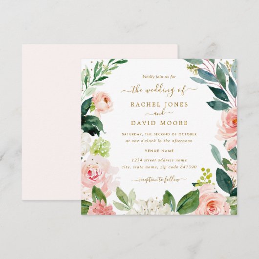 Aquarelle Blush Gold Floral Wedding Invitation (Devant / Derrière)