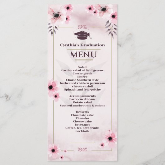 Aquarelle Blush Pink Graduation Dîner Menu Invit (Devant)