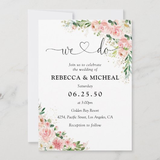 Aquarelle Blush Rose Faire-part de mariage or (Devant)
