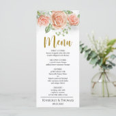 Aquarelle Blush Rose Floral Mariage Menu Dîner (Debout devant)