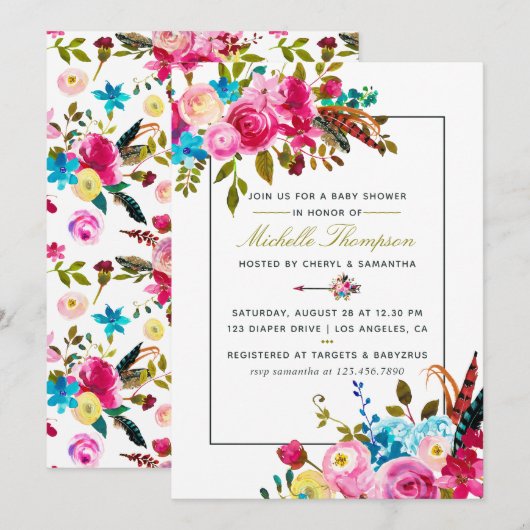 Aquarelle Boho Chic Floral Baby shower invitation (Devant / Derrière)