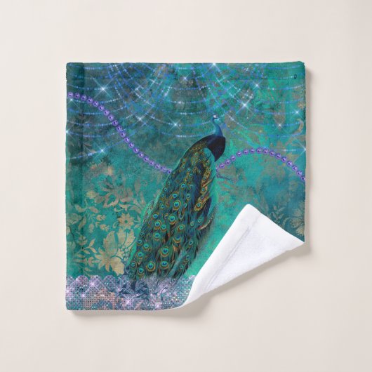 Aquarelle Boho Green Purple Peacock (Gant de toilette)