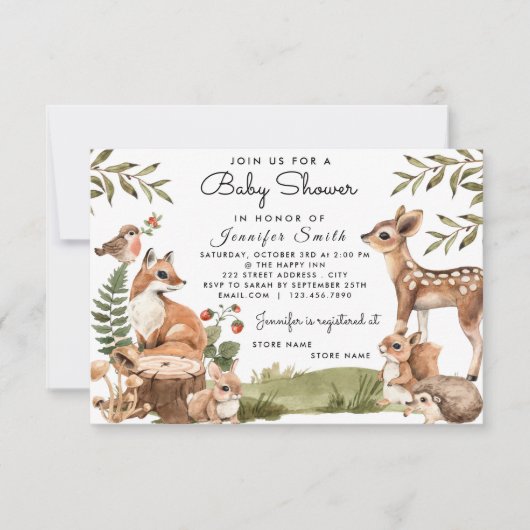 Aquarelle Bois Animaux Baby shower Invitation (Devant)