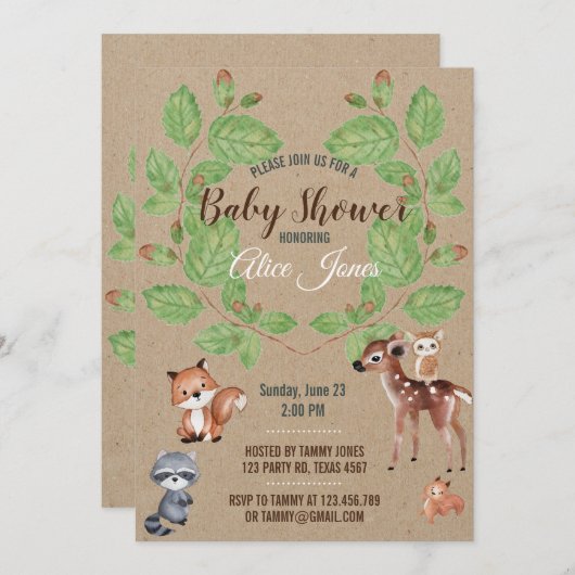 Aquarelle Bois Animaux Baby shower Invitation (Devant / Derrière)