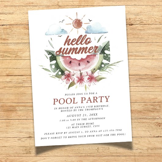 Aquarelle Bonjour Summer Pool Party Invitation
