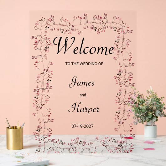 Aquarelle bordeaux feuille florale rose bienvenue (Mariage)