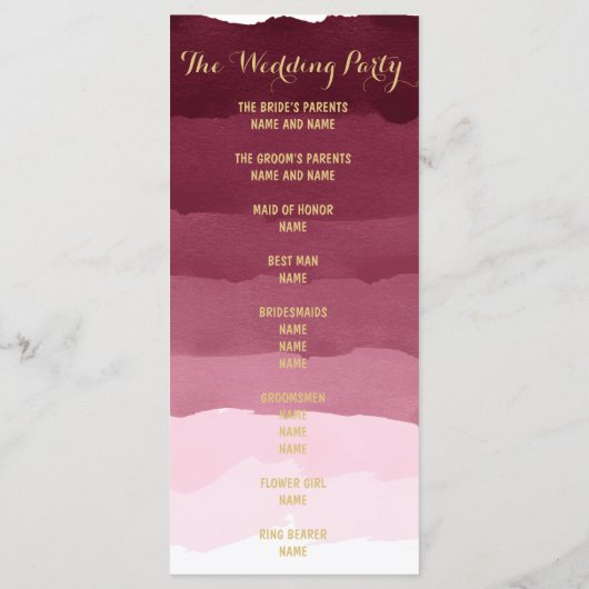 Aquarelle bordeaux or ombre programme de mariage (Dos)