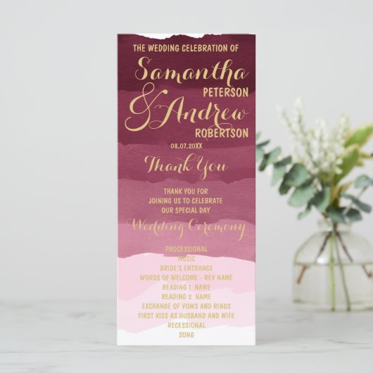 Aquarelle bordeaux or ombre programme de mariage (Debout devant)