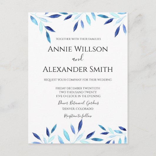 Aquarelle Botanique Bleue Invitation de mariage d' (Devant)