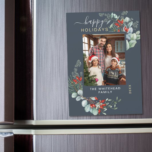 Aquarelle Botanique Blue Holiday Magnet Card