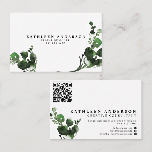 Aquarelle Botanique Carte de visite avec code QR (Devant / Derrière)
