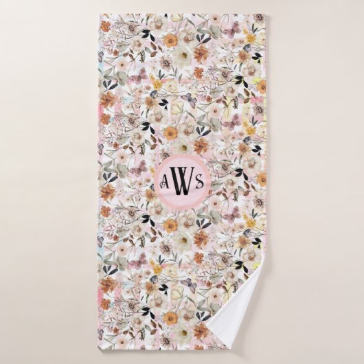 Aquarelle Botanique Fleur sauvage Papillon Initial (Serviette de bain)