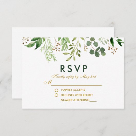 Aquarelle Botanique Vert Or Mariage RSVP (Devant / Derrière)