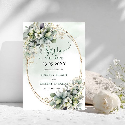 Aquarelle botanique vert or Save The Date