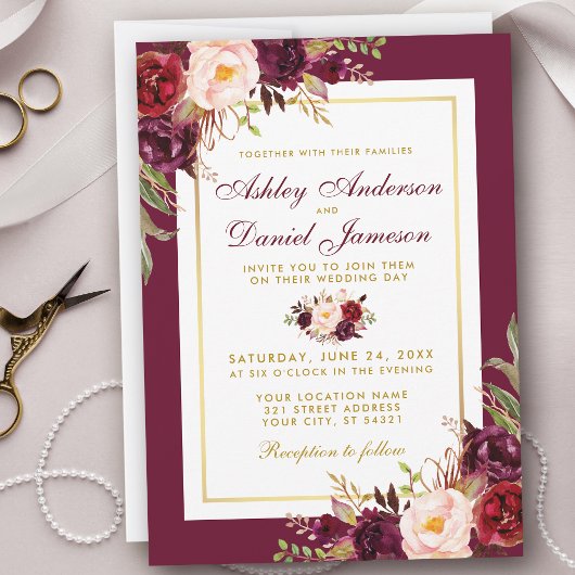 Aquarelle Bourgogne Floral Gold Wedding Invitation