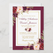Aquarelle Bourgogne Floral Gold Wedding Invitation (Devant)