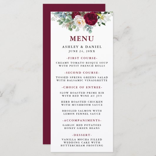 Aquarelle Bourgogne Floral Green Menu Mariage (Devant / Derrière)