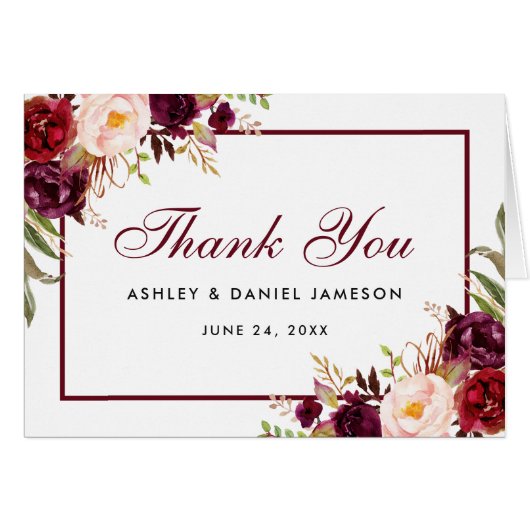 Aquarelle Bourgogne Floral Mariage Merci B Note (Devant Horizontal)