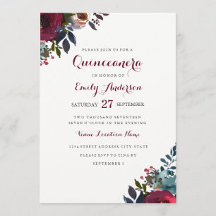 Aquarelle Bourgogne Floral Quinceanera Invitation