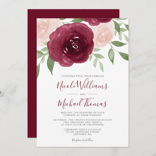 Aquarelle Bourgogne Floral Wedding Invitations (Devant / Derrière)