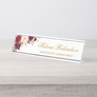 Aquarelle Bourgogne Florale Plaque de nom or