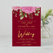 Aquarelle Bourgogne Rose Mariage Foil Invitation (Debout devant)