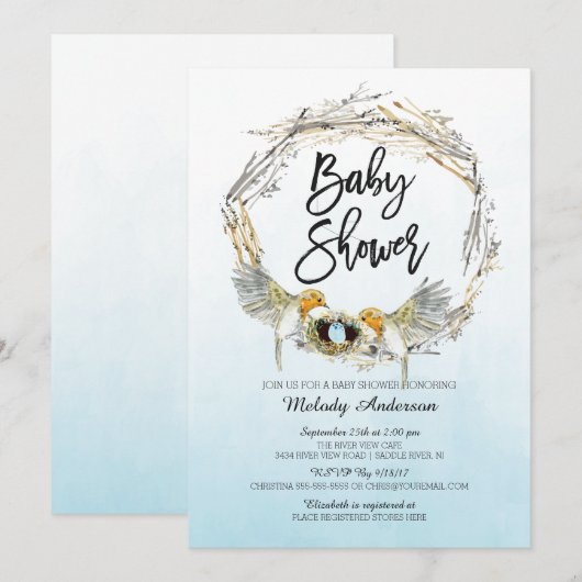 Aquarelle Boys Nid Boys Baby shower Invitation (Devant / Derrière)