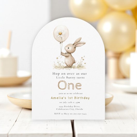Aquarelle Bunny Floral First Birthday Invitation