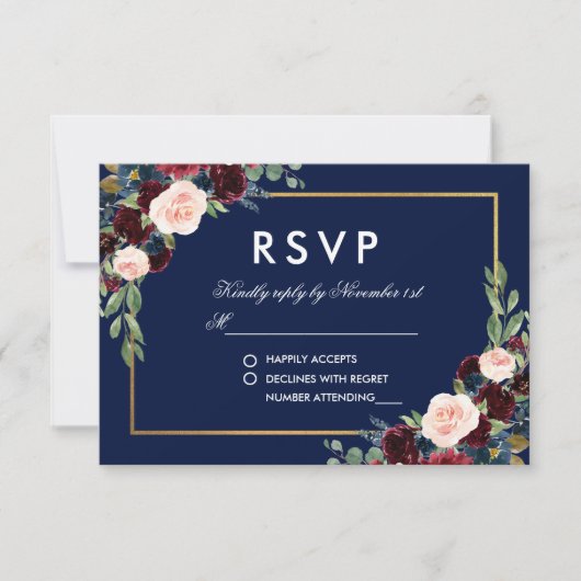 Aquarelle Burgundy Bleu Floral Or RSVP (Devant)
