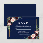Aquarelle Burgundy Bleu Floral Or RSVP (Devant / Derrière)