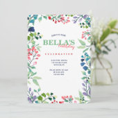 Aquarelle Cadre Floral Anniversaire Invitation (Debout devant)
