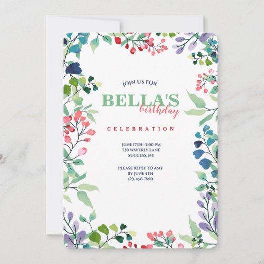 Aquarelle Cadre Floral Anniversaire Invitation (Devant)