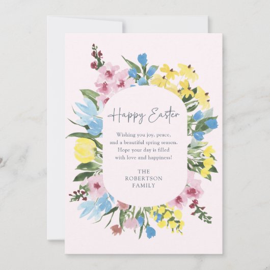 Aquarelle, Cadre floral Joyeux Pâques, Carte rose (Devant)