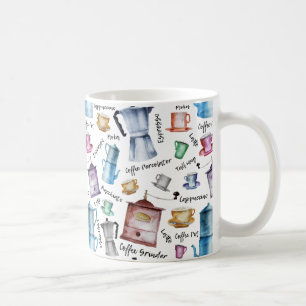 Aquarelle café espresso tasses, pots de tasse moti