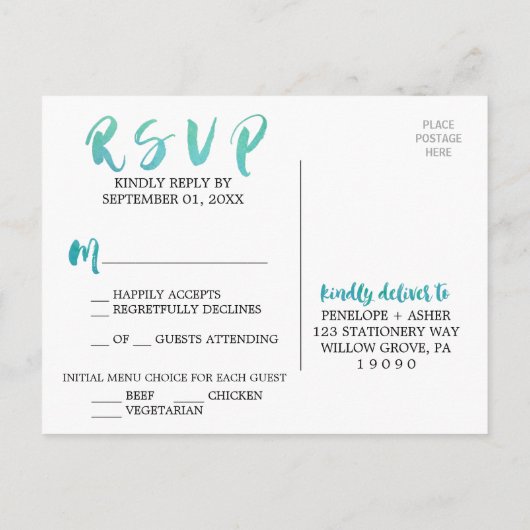 Aquarelle Calligraphie Plage Menu Choix RSVP (Dos)