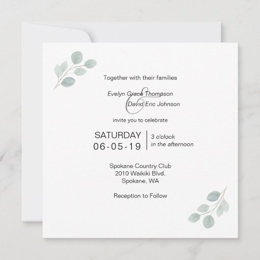 Aquarelle carré Faire-part de mariage vert (Dos)