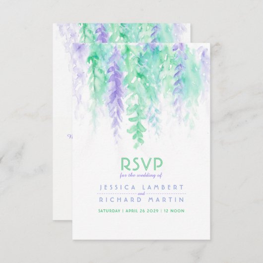 Aquarelle cascade vert violet mariage RSVP (Devant / Derrière)