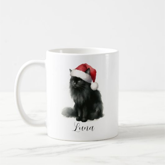 Aquarelle Chat noir en Festive Santa Hat Mug (Gauche)