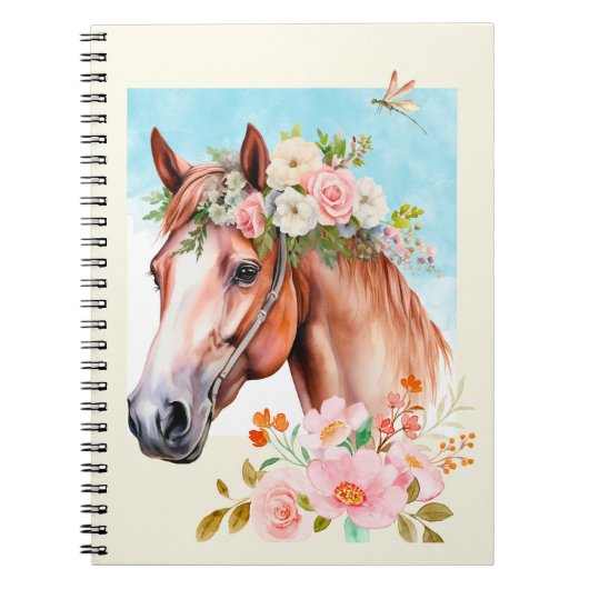 Aquarelle Cheval et Fleurs Carnet Journal (Devant)