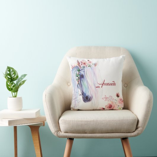 Aquarelle cheval et rose lancer oreiller (Chaise)