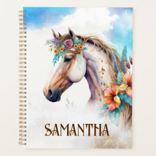 Aquarelle cheval tête de fleurs botaniques tropica