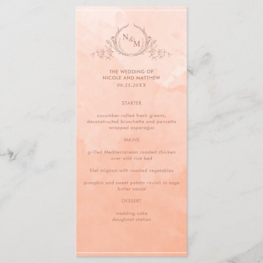 Aquarelle Chic Peach, Menu Mariage Monogramme (Devant)
