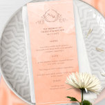 Aquarelle Chic Peach, Menu Mariage Monogramme<br><div class="desc">Dégustez vos invités avec ce beau menu mariage d'aquarelle pêche, avec l'élégant monogramme botanique dessiné à la main avec les initiales de couple sur l'arrière - plan de lavage d'aquarelle exquis dans un beau mélange de pêche, crème, corail et teintes d'orange poussiéreux. Facile à remplir en modèle avec vos détails...</div>