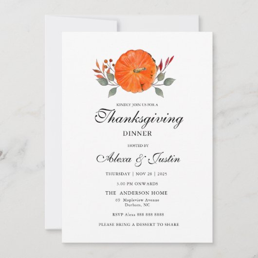 Aquarelle citrouille Thanksgiving diner Invitation (Devant)