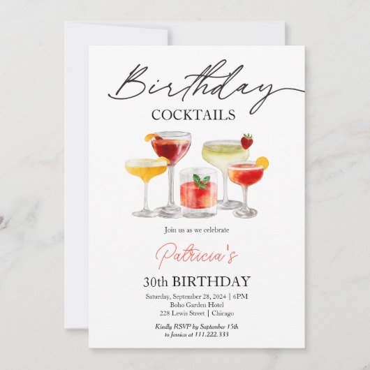 Aquarelle Cocktail Invitations d'anniversaire (Devant)