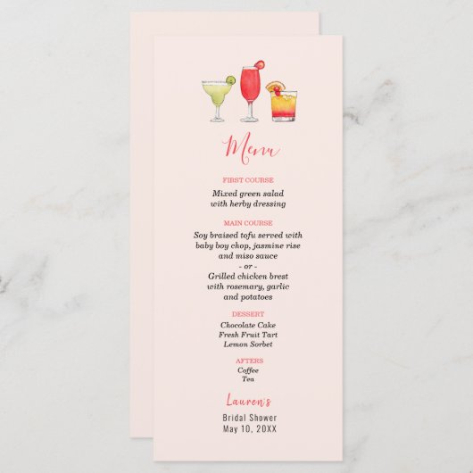 Aquarelle Cocktail menu de douche nuptiale (Devant / Derrière)