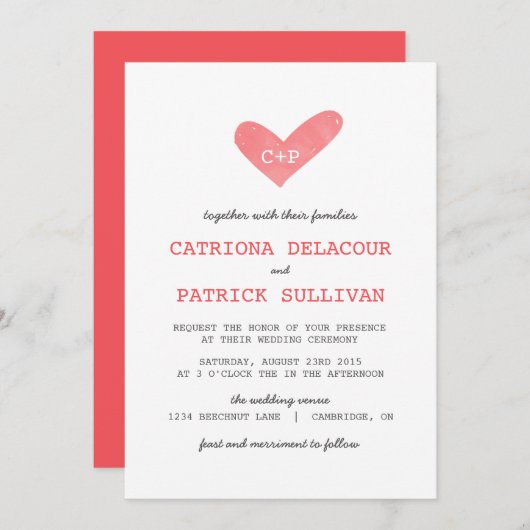 Aquarelle Coeur manuscrit Mariage Invitations (Devant / Derrière)
