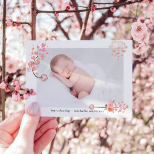 Aquarelle Coeurs roses Faire-part de naissance béb